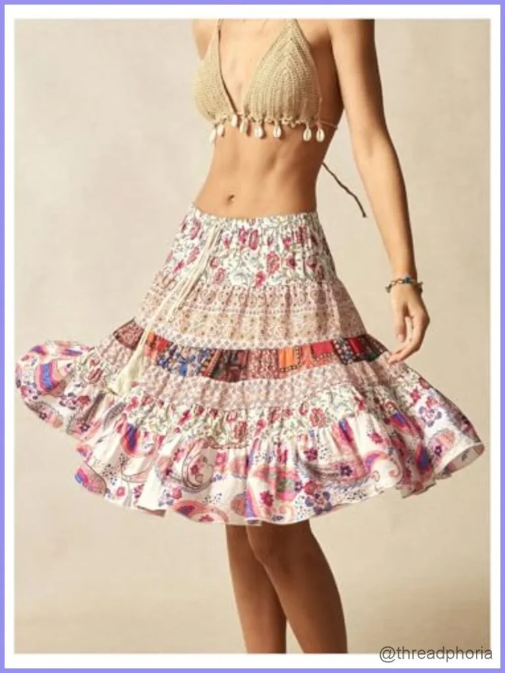 Bohemian Paisley Print Tie Front A-Line Midi Skirt Flowy Summer Vacation